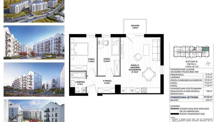 Rzut - Mieszkanie na sprzedaż 3 pokoje o powierzchni 61,52 m² - numer B.3.32 w Skandinavia