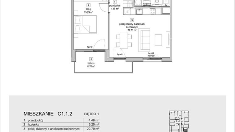 Rzut - Mieszkanie na sprzedaż 2 pokoje o powierzchni 47,72 m² - numer C1.1.2 w ATAL Symbioza IB