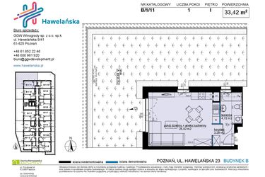 Rzut - Mieszkanie na sprzedaż 1 pokój o powierzchni 33,42 m² - numer B/1/11 w Osiedle Hawelańska etap III - bud. B