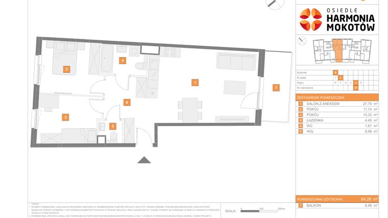 Rzut - Mieszkanie na sprzedaż 3 pokoje o powierzchni 64,26 m² - numer B.27 w Osiedle Harmonia Mokotów