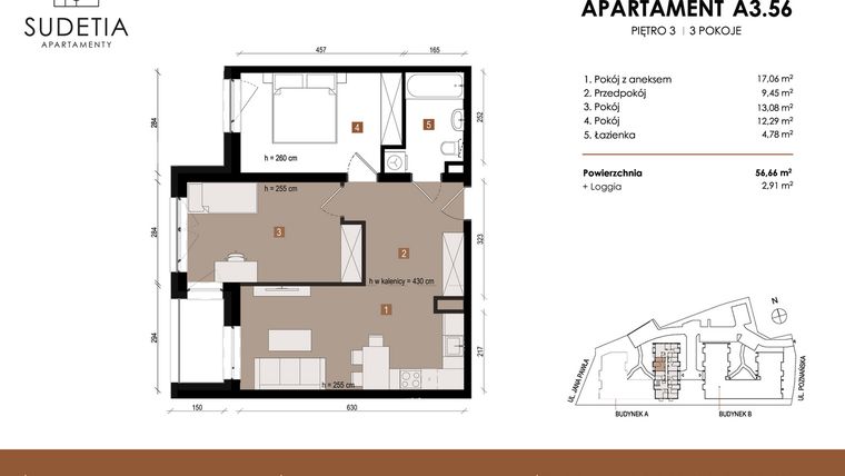Rzut - Mieszkanie na sprzedaż 3 pokoje o powierzchni 56,66 m² - numer A 3.56 w Apartamenty Sudetia