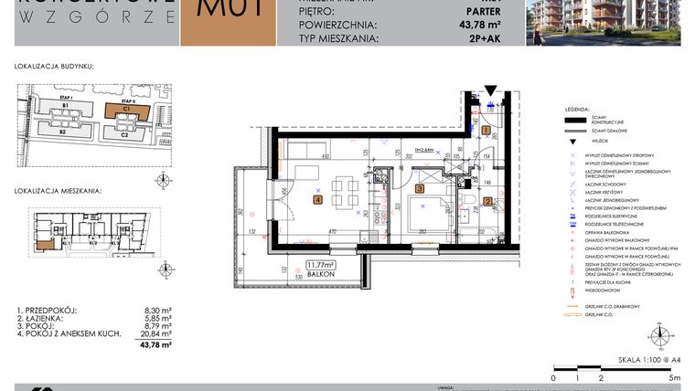Rzut - Mieszkanie na sprzedaż 2 pokoje o powierzchni 43,78 m² - numer C1_M1 w Koncertowe Wzgórze etap II