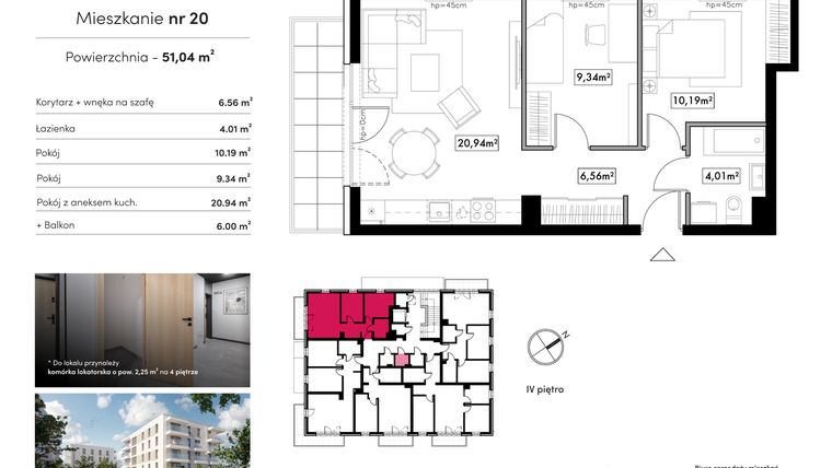Rzut - Mieszkanie na sprzedaż 3 pokoje o powierzchni 51,04 m² - numer 20 w Novum Rumia - bud. 22