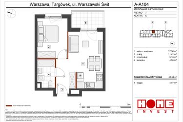 Rzut - Mieszkanie na sprzedaż 2 pokoje o powierzchni 38,54 m² - numer A-A104 w Warszawski Świt etap VII