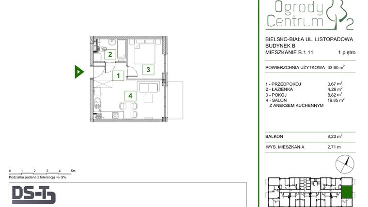 Rzut - Mieszkanie na sprzedaż 2 pokoje o powierzchni 33,6 m² - numer B.1.11 w Ogrody Centrum 2