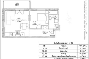 Rzut - Mieszkanie na sprzedaż 2 pokoje o powierzchni 42,15 m² - numer 10 w Apartamenty Jasińskiego