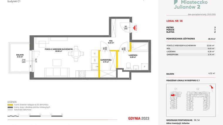 Rzut - Mieszkanie na sprzedaż 1 pokój o powierzchni 39,1 m² - numer 58 w Miasteczko Julianów etap 2