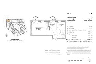 Rzut - Mieszkanie na sprzedaż 3 pokoje o powierzchni 55,19 m² - numer 2.01 w OVAL SKY