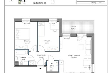 Rzut - Mieszkanie na sprzedaż 3 pokoje o powierzchni 65,56 m² - numer 1E.25A w Osiedle Horizon