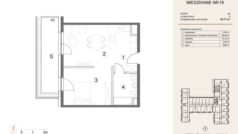 Rzut - Mieszkanie na sprzedaż 1 pokój o powierzchni 43,71 m² - numer 19 w Waterlane Vibe