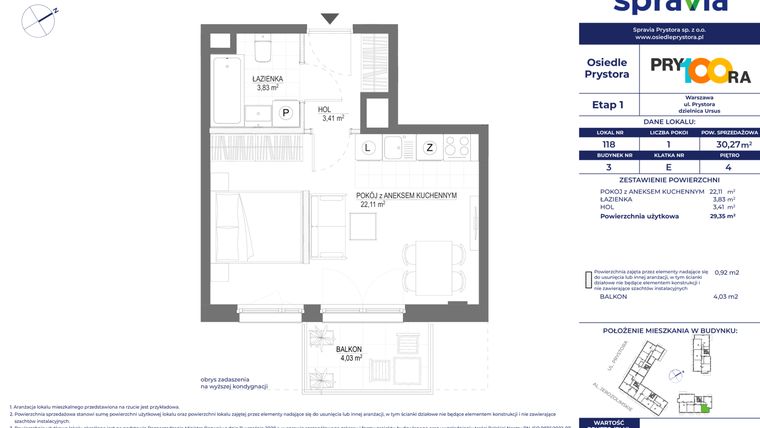 Rzut - Mieszkanie na sprzedaż 1 pokój o powierzchni 29,58 m² - numer 118 w Osiedle Prystora
