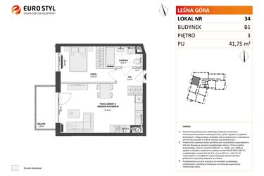 Rzut - Mieszkanie na sprzedaż 2 pokoje o powierzchni 41,75 m² - numer 34 w Leśna Góra