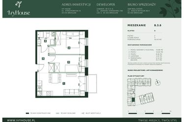 Rzut - Mieszkanie na sprzedaż 3 pokoje o powierzchni 43,43 m² - numer B.3.6 w IVY HOUSE