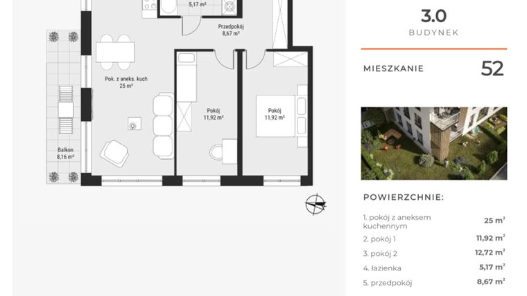 Rzut - Mieszkanie na sprzedaż 3 pokoje o powierzchni 63,68 m² - numer 52 w Bytkowska 3.0