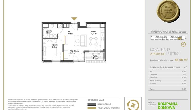 Rzut - Mieszkanie na sprzedaż 2 pokoje o powierzchni 43,98 m² - numer WKJ-LM-17 w Wola Księcia Janusza