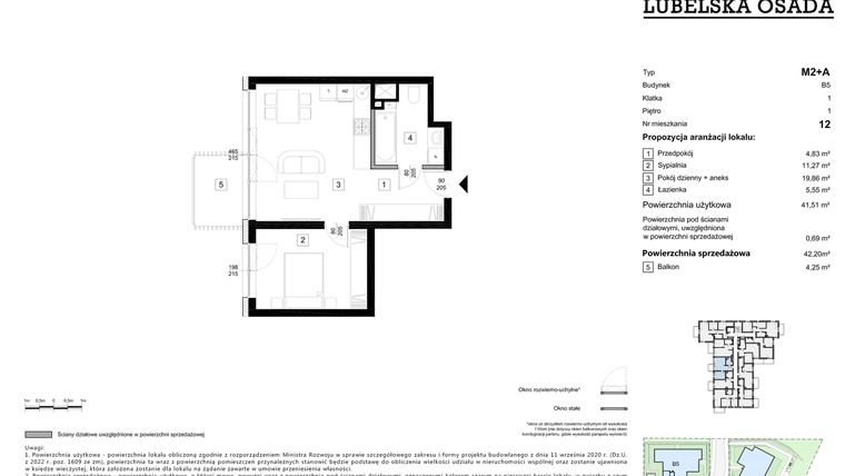 Rzut - Mieszkanie na sprzedaż 2 pokoje o powierzchni 42,2 m² - numer B5.12 w Lubelska Osada budynek B5