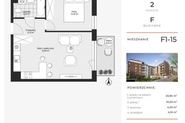 Rzut - Mieszkanie na sprzedaż 2 pokoje o powierzchni 41,5 m² - numer F1-15 w Na Koszutce II
