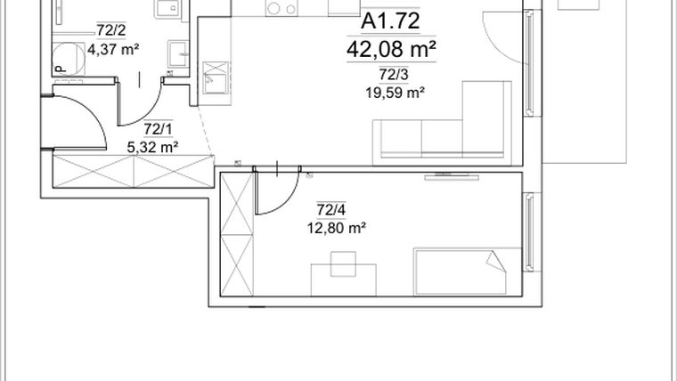 Rzut - Mieszkanie na sprzedaż 2 pokoje o powierzchni 42,08 m² - numer A1.72 w FORTnatura