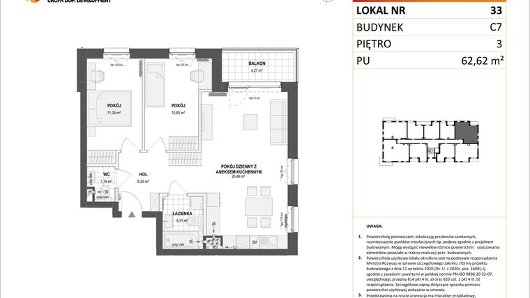 Rzut - Mieszkanie na sprzedaż 3 pokoje o powierzchni 62,62 m² - numer C7.33 w Konstelacja etap IV
