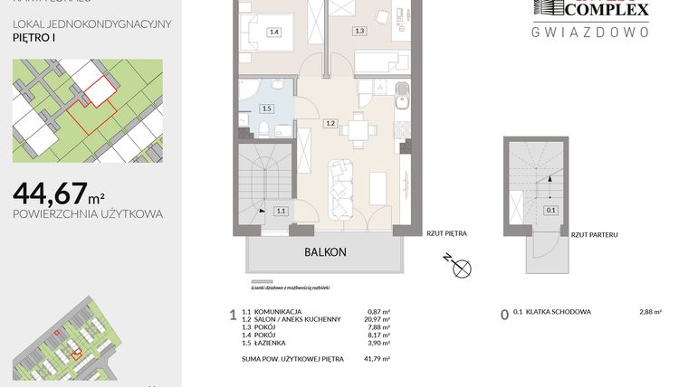 Rzut - Mieszkanie na sprzedaż 3 pokoje o powierzchni 44,67 m² - numer A56.2 w Osiedle Gwiazdowo etap 6B