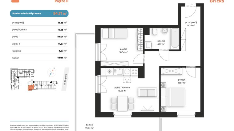 Rzut - Mieszkanie na sprzedaż 3 pokoje o powierzchni 54,71 m² - numer M II.2.3 w Glogera Bricks