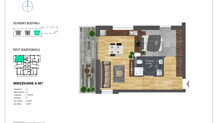 Rzut - Mieszkanie na sprzedaż 2 pokoje o powierzchni 43,74 m² - numer A-M7 w Bunscha Park 4.0