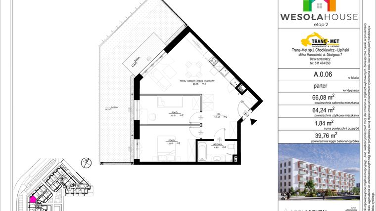 Rzut - Mieszkanie na sprzedaż 3 pokoje o powierzchni 64,24 m² - numer A.0.06 w Wesoła House Etap II
