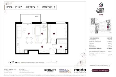 Rzut - Mieszkanie na sprzedaż 3 pokoje o powierzchni 51,77 m² - numer D147 w Osiedle Witaj etap II