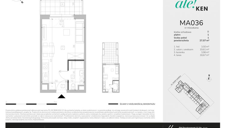 Rzut - Mieszkanie na sprzedaż 1 pokój o powierzchni 27,07 m² - numer MA036 w Ale!Ken
