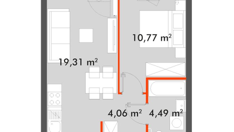 Rzut - Mieszkanie na sprzedaż 2 pokoje o powierzchni 38,63 m² - numer F1.C.01.08 w Splot Wola