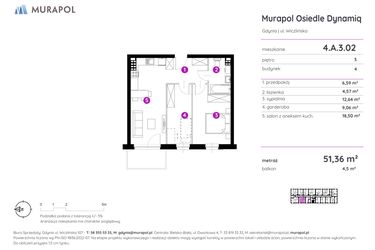 Rzut - Mieszkanie na sprzedaż 2 pokoje o powierzchni 51,36 m² - numer 4.A.3.02 w Murapol Osiedle Dynamiq