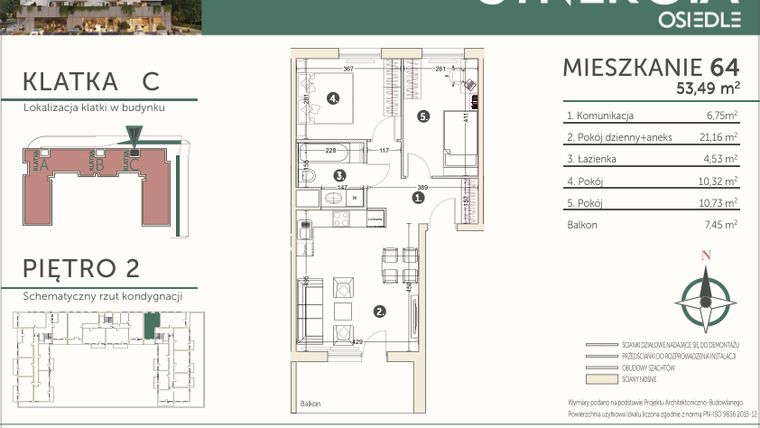 Rzut - Mieszkanie na sprzedaż 3 pokoje o powierzchni 53,49 m² - numer M64 w SYNERGIA