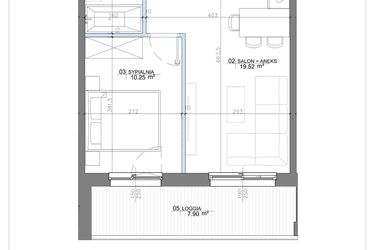 Rzut - Mieszkanie na sprzedaż 2 pokoje o powierzchni 36,88 m² - numer 1.04 w Apartamenty Potulickiego