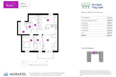 Rzut - Mieszkanie na sprzedaż 4 pokoje o powierzchni 78,45 m² - numer 2.A.2.08 w Murapol Trzy Lipki etap II