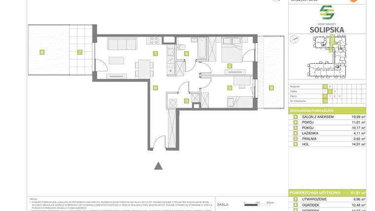 Rzut - Mieszkanie na sprzedaż 3 pokoje o powierzchni 61,81 m² - numer A.13 w Apartamenty Solipska