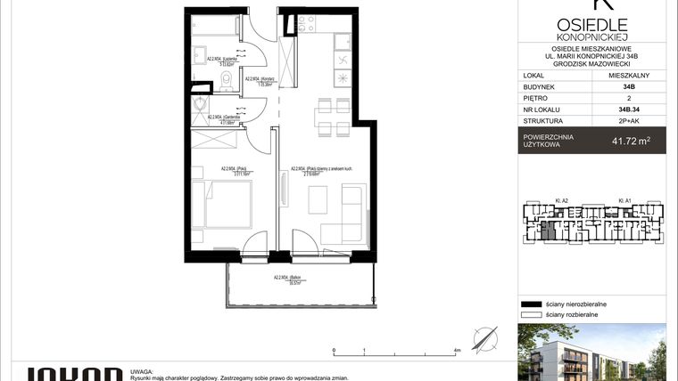 Rzut - Mieszkanie na sprzedaż 2 pokoje o powierzchni 41,72 m² - numer 34B.34 w Osiedle Konopnickiej etap II