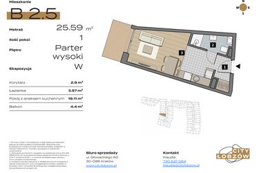 Rzut - Mieszkanie na sprzedaż 1 pokój o powierzchni 25,59 m² - numer B 2.5 w City Łobzów