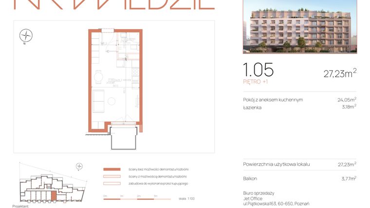 Rzut - Mieszkanie na sprzedaż 1 pokój o powierzchni 27,23 m² - numer 1.05 w Na Wildzie
