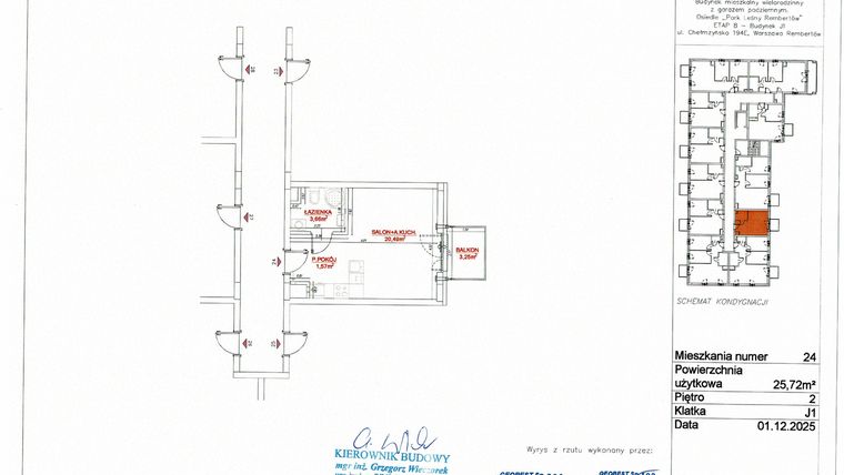Rzut - Mieszkanie na sprzedaż 1 pokój o powierzchni 25,72 m² - numer J1-24 w Park Leśny Rembertów etap VIII