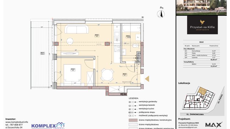 Rzut - Mieszkanie na sprzedaż 2 pokoje o powierzchni 42,03 m² - numer M14 w Przystań na Klifie