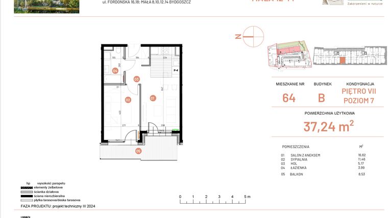 Rzut - Mieszkanie na sprzedaż 2 pokoje o powierzchni 37,24 m² - numer 12.64 w Osiedle Nowe Horyzonty etap III