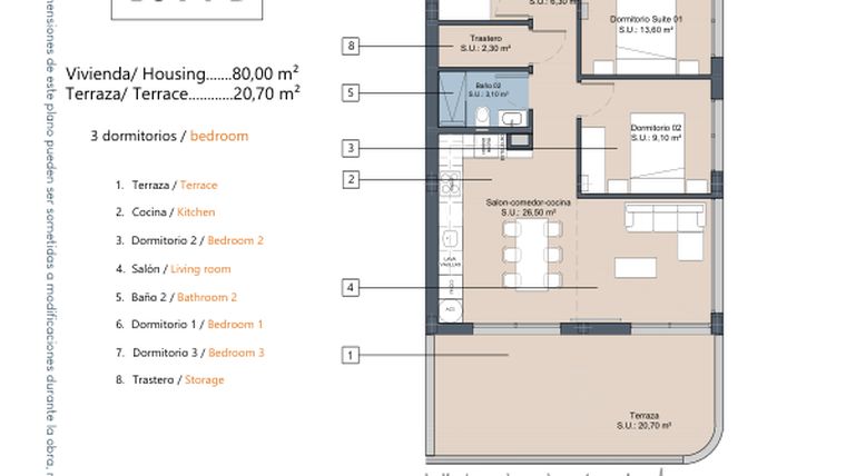 Rzut - Mieszkanie na sprzedaż 3 pokoje o powierzchni 80 m² - numer 3.1.D w LA Sunrise - Los Alcázares