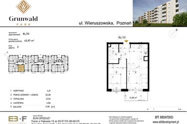 Rzut - Mieszkanie na sprzedaż 2 pokoje o powierzchni 43,97 m² - numer 8 L/10 w Grunwald Park
