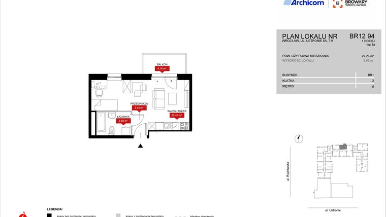 Rzut - Mieszkanie na sprzedaż 1 pokój o powierzchni 29,23 m² - numer BR12/94 w Browary Wrocławskie 2