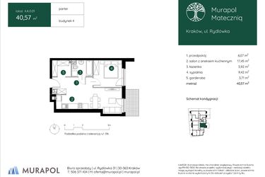 Rzut - Mieszkanie na sprzedaż 2 pokoje o powierzchni 40,57 m² - numer 4.A.0.01 w Murapol Mateczniq