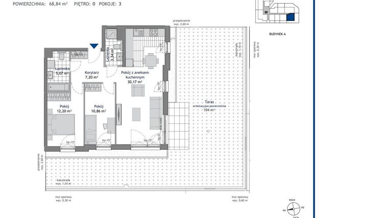 Rzut - Mieszkanie na sprzedaż 3 pokoje o powierzchni 68,84 m² - numer A.0.8 w Linea bud. A