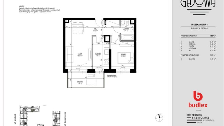 Rzut - Mieszkanie na sprzedaż 2 pokoje o powierzchni 46,76 m² - numer 8 w Gajowa bud. A