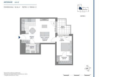 Rzut - Mieszkanie na sprzedaż 2 pokoje o powierzchni 50,96 m² - numer A.4.4 w Linea bud. A