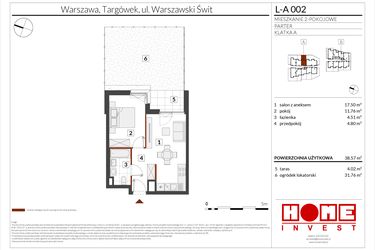 Rzut - Mieszkanie na sprzedaż 2 pokoje o powierzchni 38,57 m² - numer WS-L-A002 w Warszawski Świt etap XII