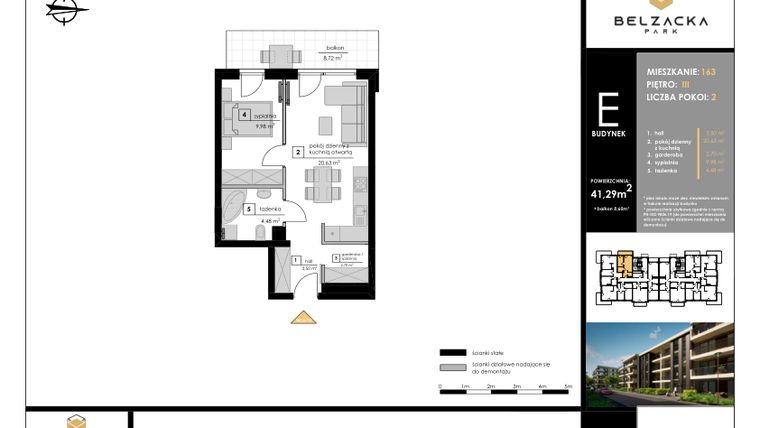 Rzut - Mieszkanie na sprzedaż 2 pokoje o powierzchni 41,29 m² - numer E.163 w Belzacka Park etap III